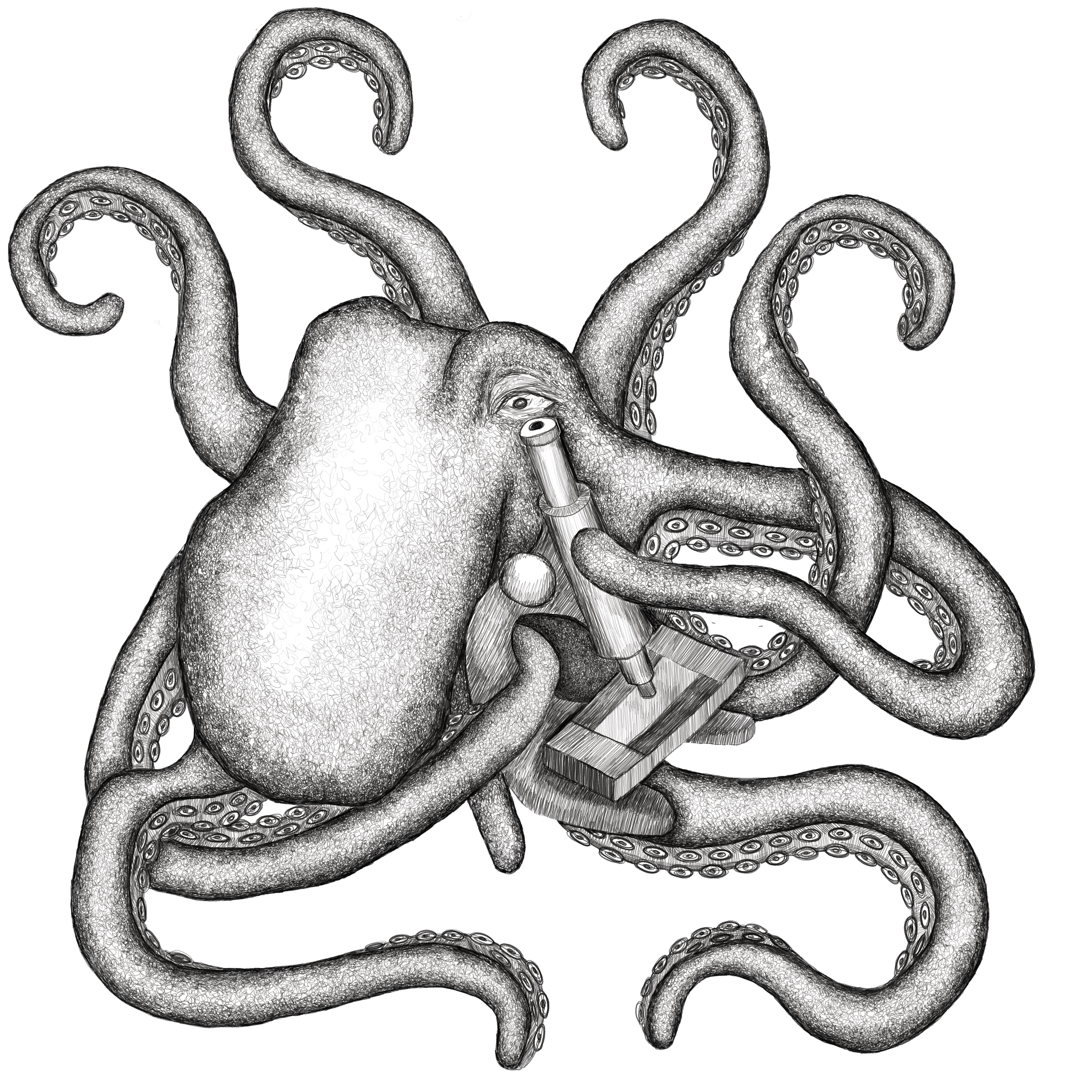 Octopus looking through microscope