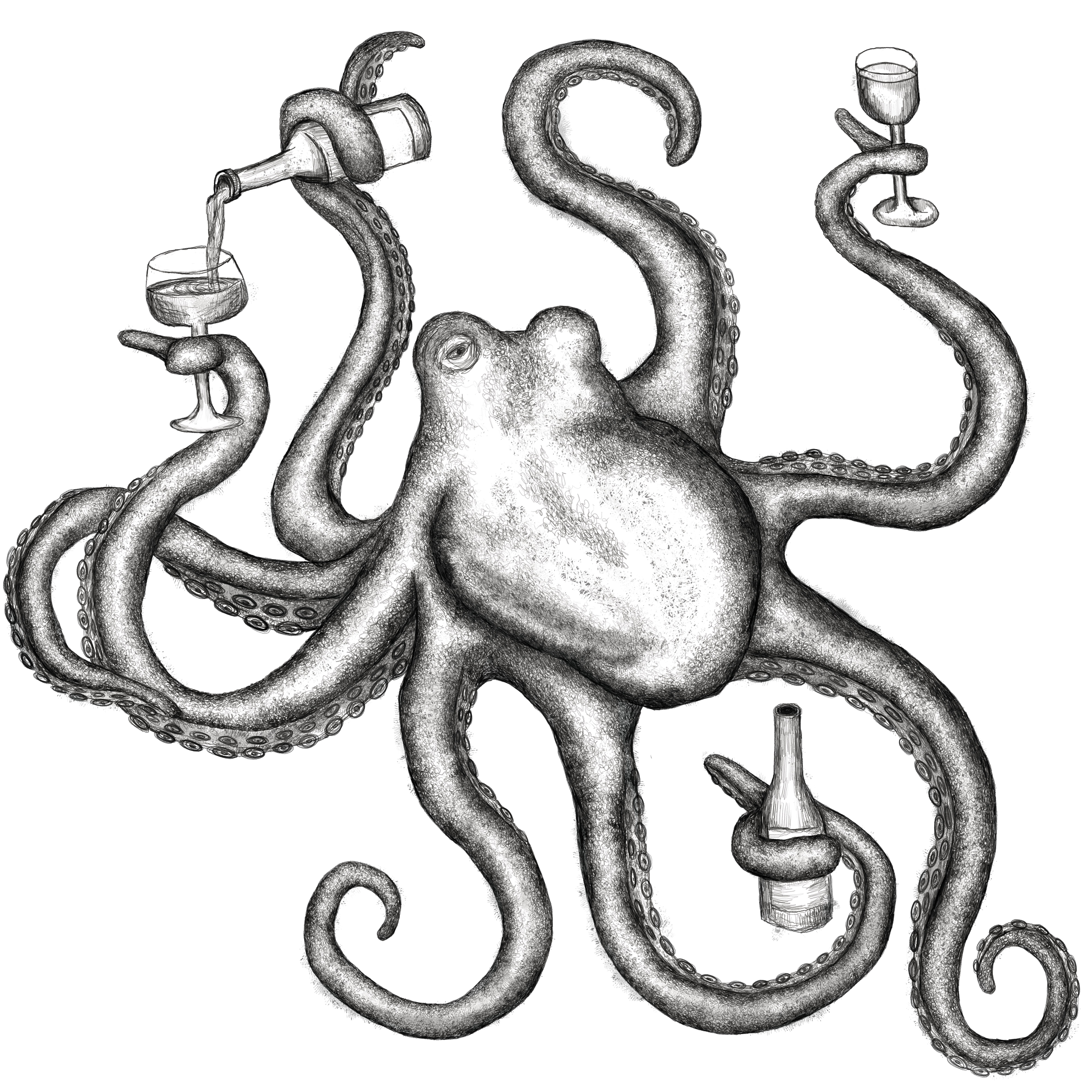 Octopus holding wine glasses and bottles